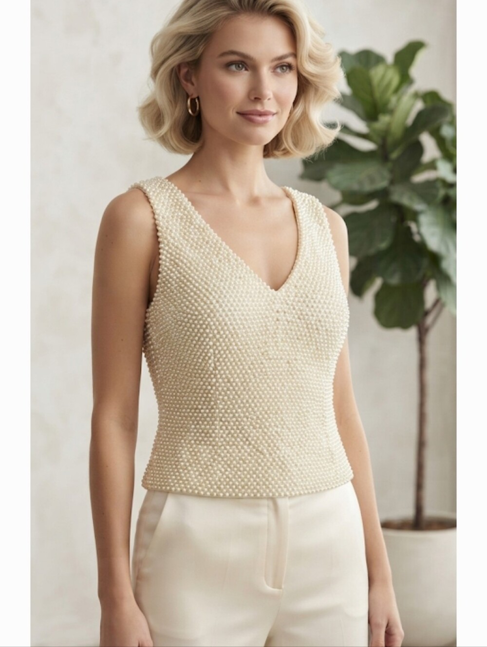 Vintage J. Peterman heavy beaded sleeveless ivory/cream shade TOP SIZE 14
